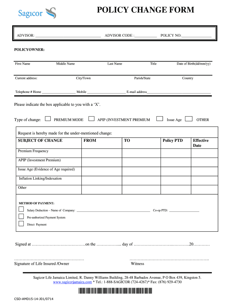  Sagicor Change Form 2014-2024