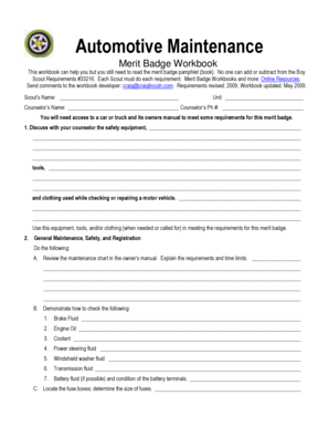 Automotive Merit Badge Worksheet  Form