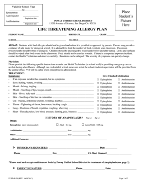 Life Threatening Allergy Plan Poway Unified School District  Form