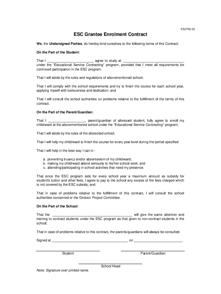 Esc Grantee Enrolment Contract  Form