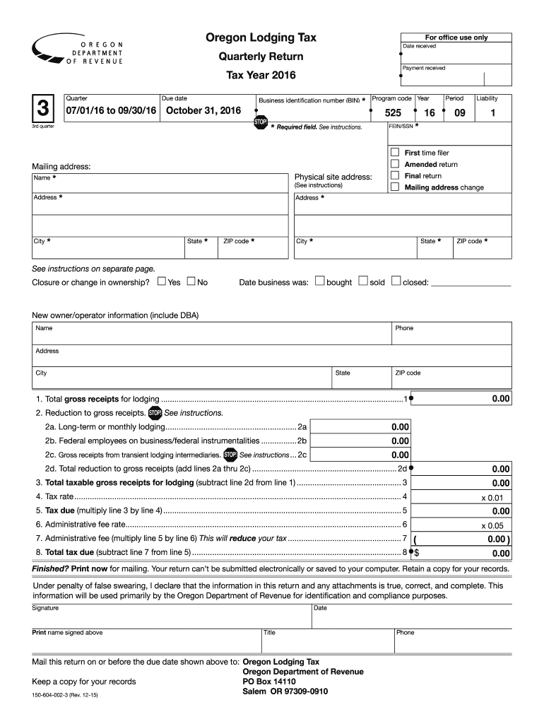 Oregon Lodging Tax Quarterly Return 3rd Quarter 150 604 002 3 Oregon  Form