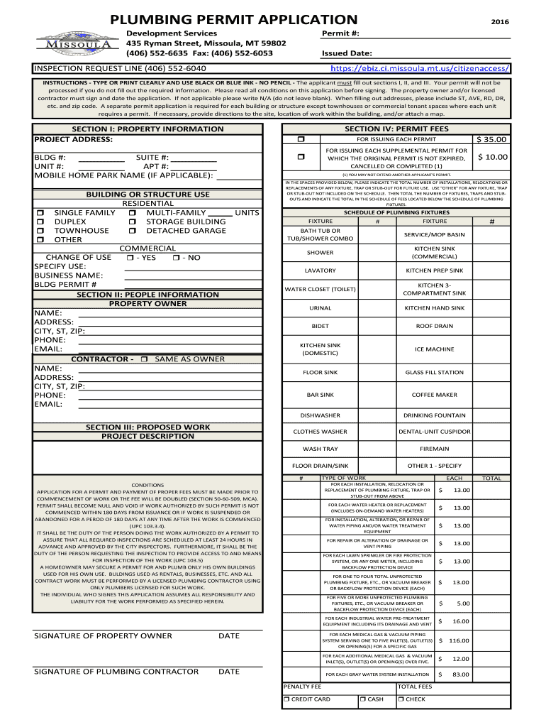  PLUMBING PERMIT APPLICATION Missoula MT 2016