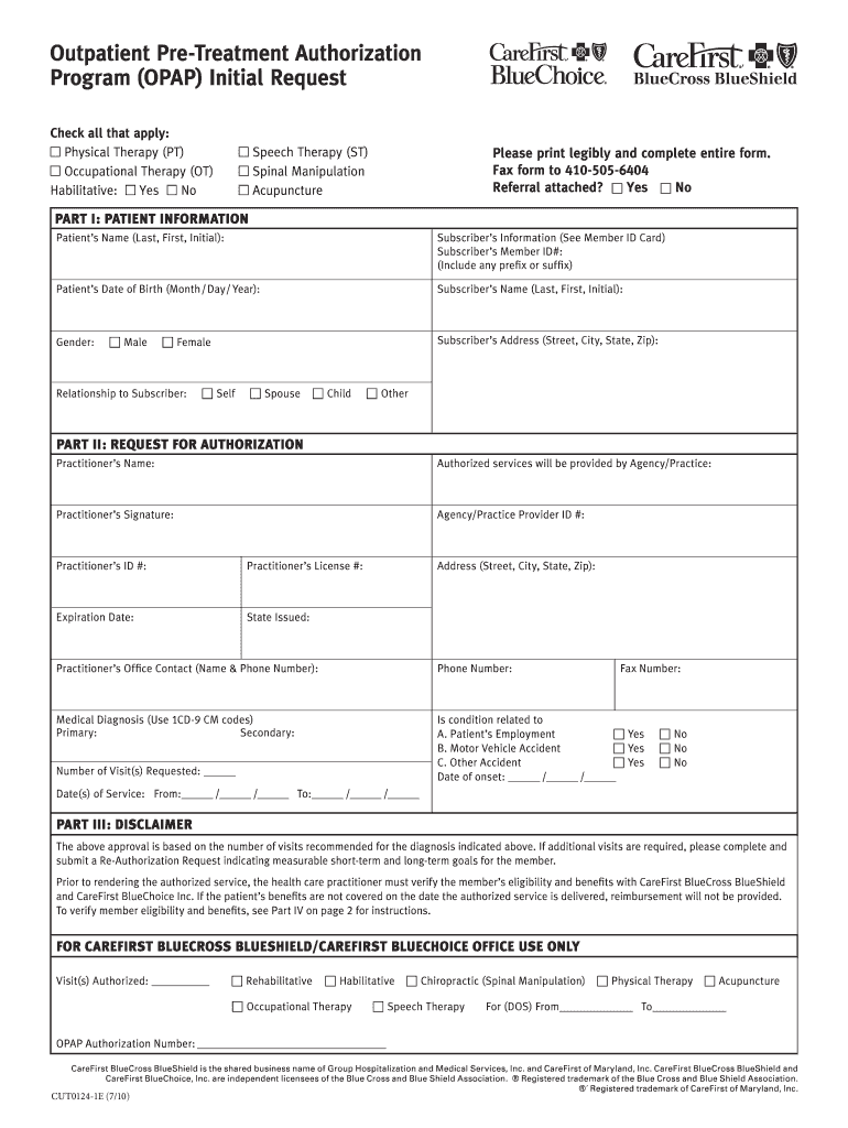 Get and Sign CUT0124 Outpatient Pre Treatment Authorization Program OPAP Initial Request 2010 Form