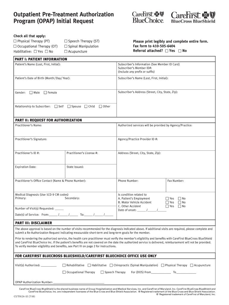  CUT0124 Outpatient Pre Treatment Authorization Program OPAP Initial Request 2010