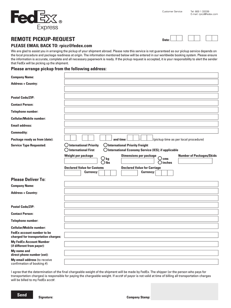 Remote Pickup Request Fedex  Form