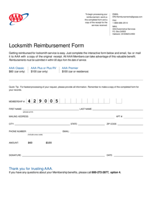 Aaa Locksmith Reimbursement  Form