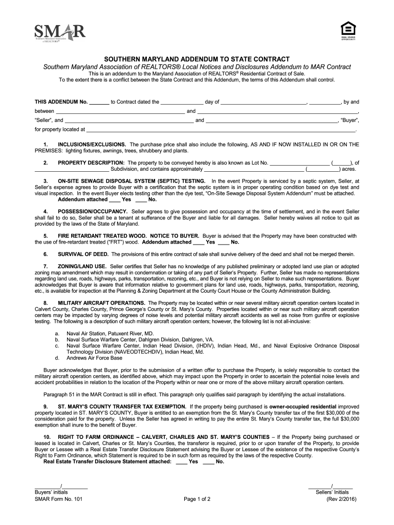  SOUTHERN MARYLAND ADDENDUM to STATE CONTRACT  Southernmarylandrealtors 2016-2024