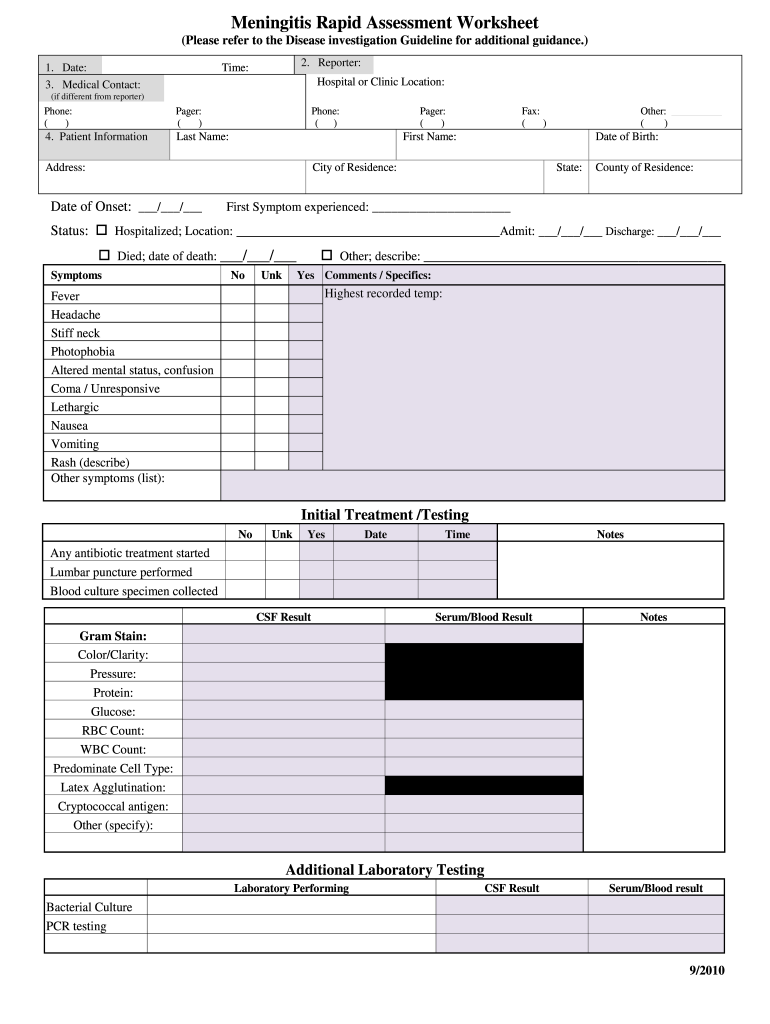 Meningitis Rapid Assessment Worksheet KDHE Kdheks  Form