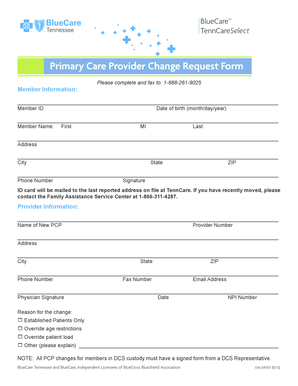 Bluecare Pcp Change Form