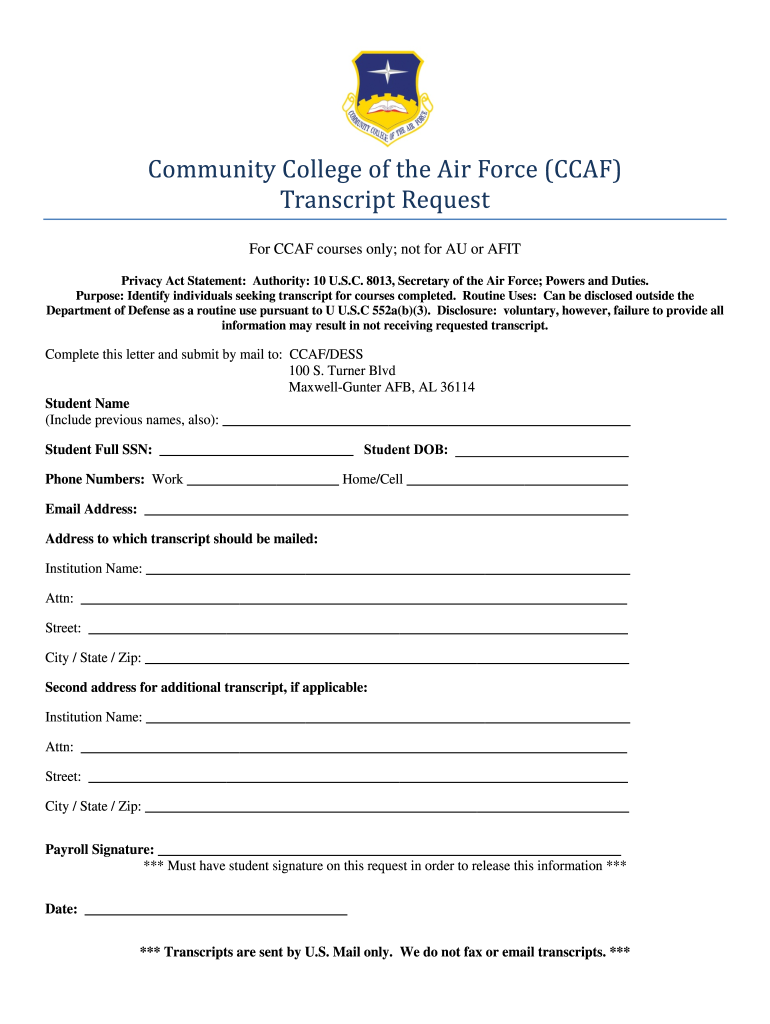 Ccaf Transcript Request  Form