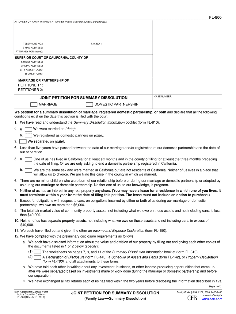  FL 800 Joint Petition for Summary Dissolution Fillable Editable and Saveable California Judicial Council Forms 2013