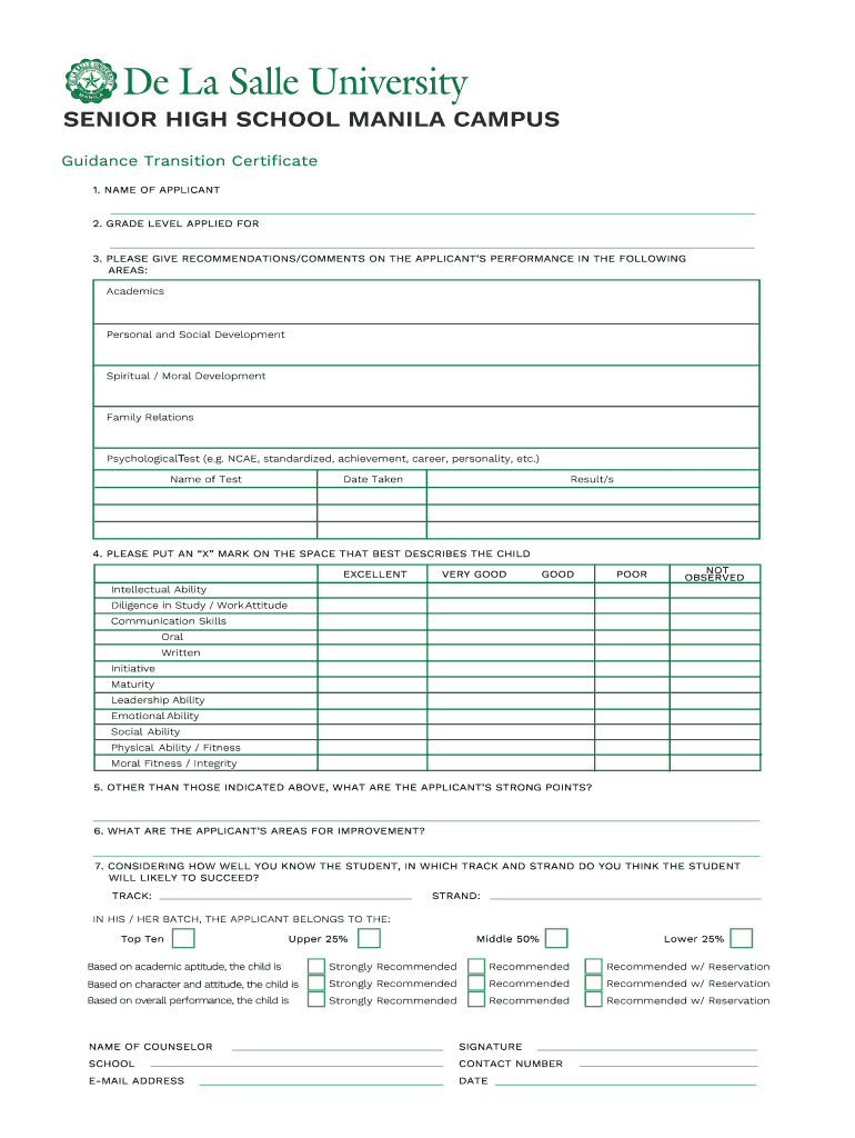 Guidance Transition Certificate  Form