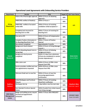 Operational Level Agreements with Onboarding Service Providers  Form