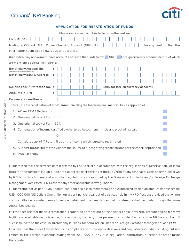 APPLICATION for REPATRIATION of FUNDS Investment  Form