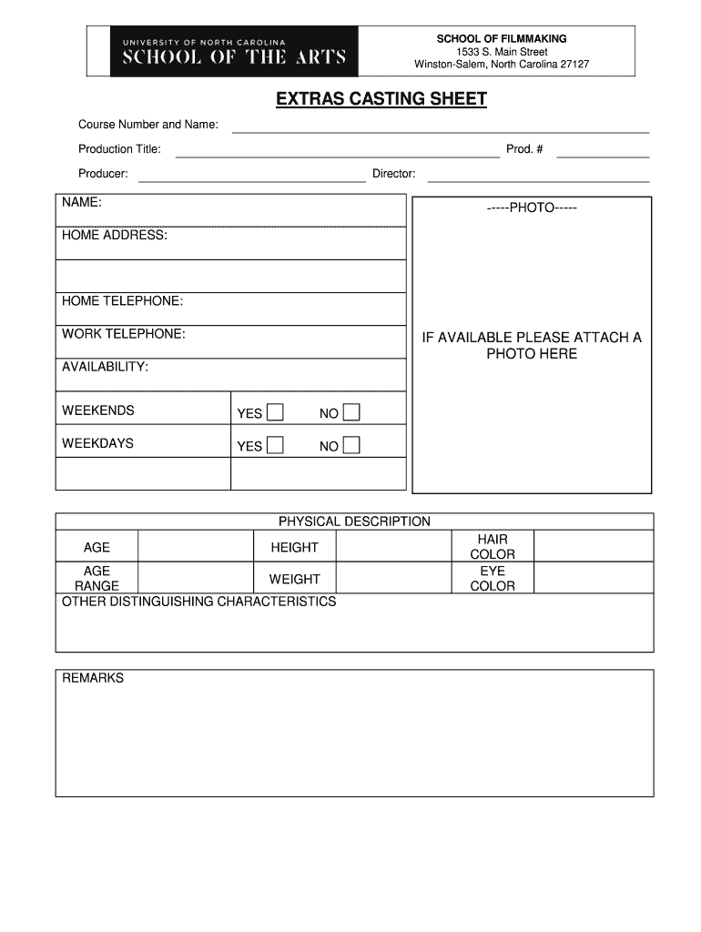 EXTRAS CASTING SHEET University of North Carolina School  Form