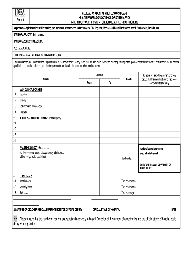 Intern Duty Certificate  Form