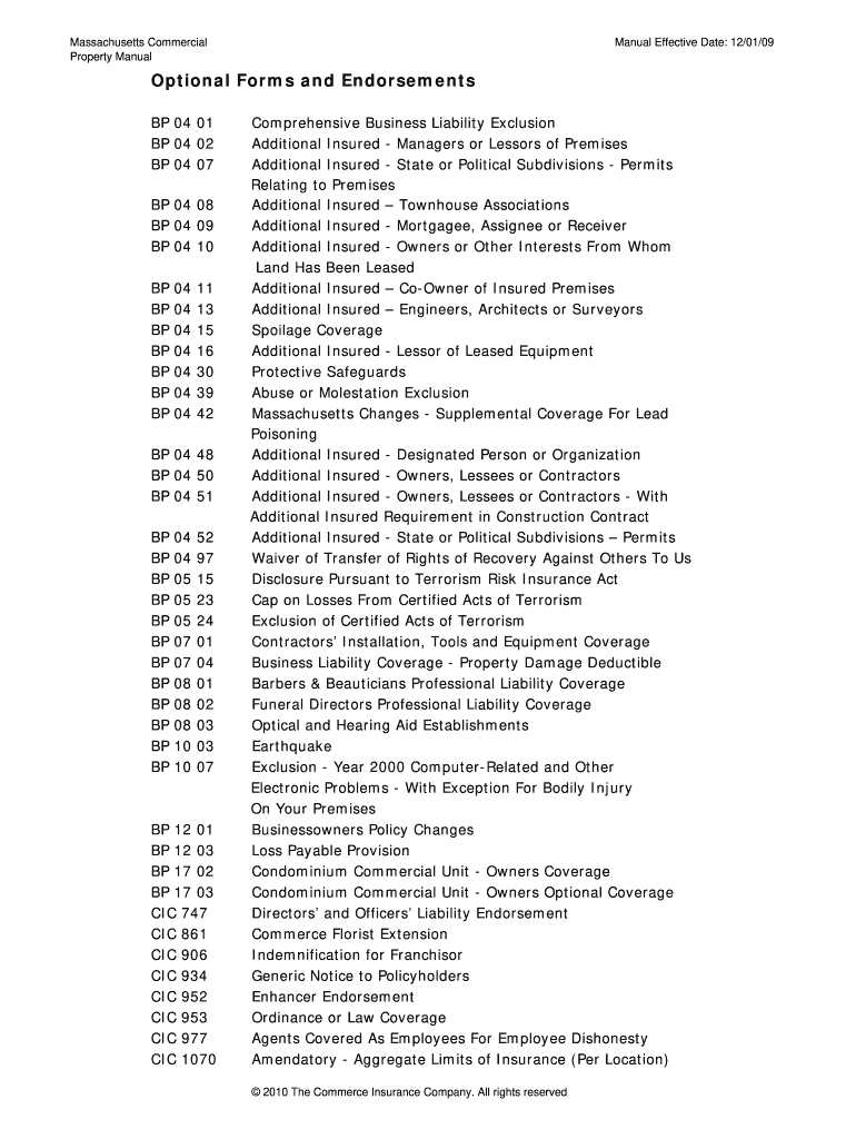 Optional Forms and Endorsements 120109