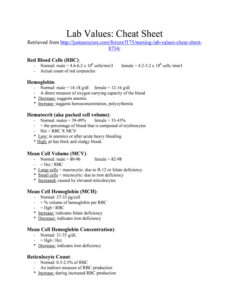 Lab Values Cheat Sheet PDF  Form