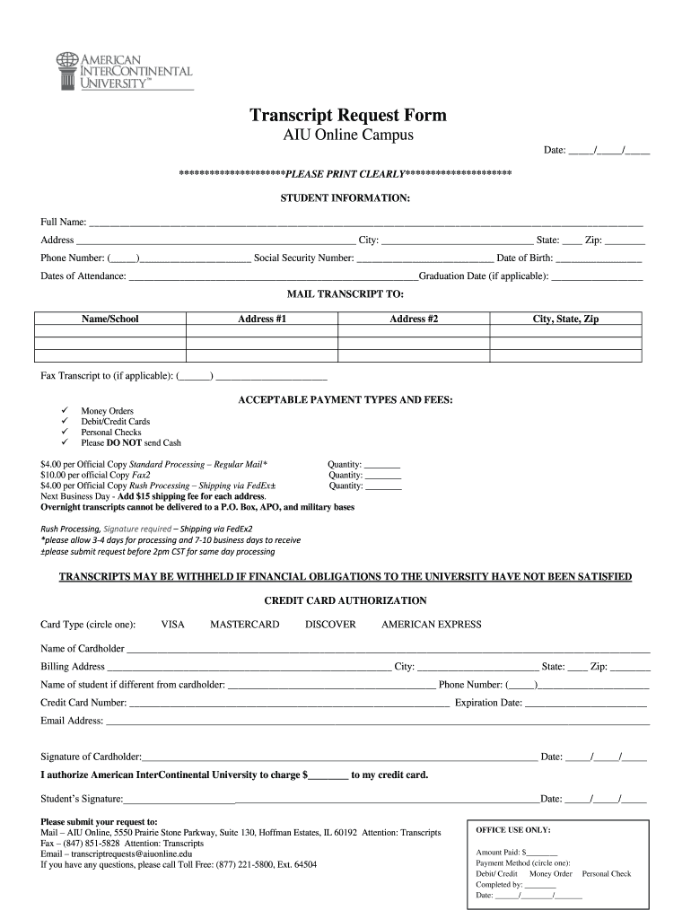 Aiu Transcript Request Online  Form