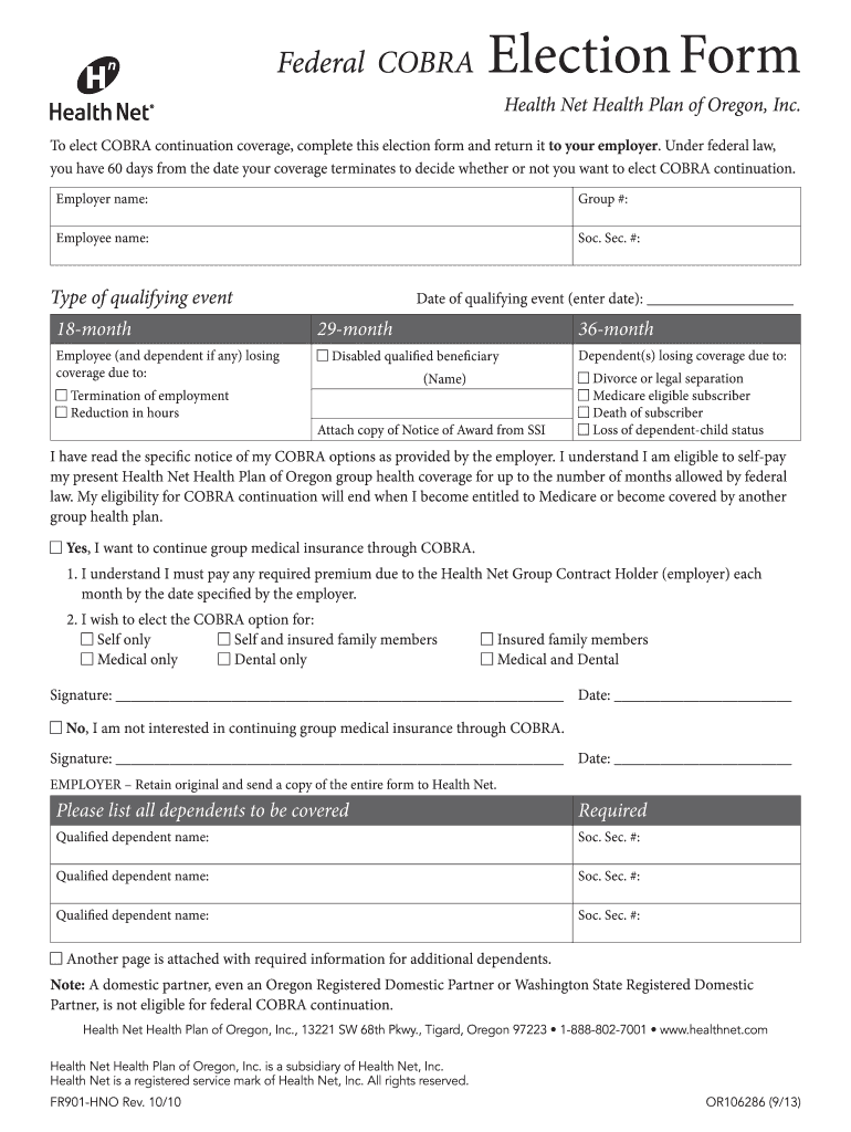  Cobra Election Form for Employee to Sign 2010-2024