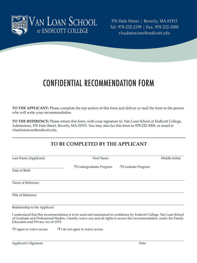 CONFIDENTIAL RECOMMENDATION FORM Endicott College