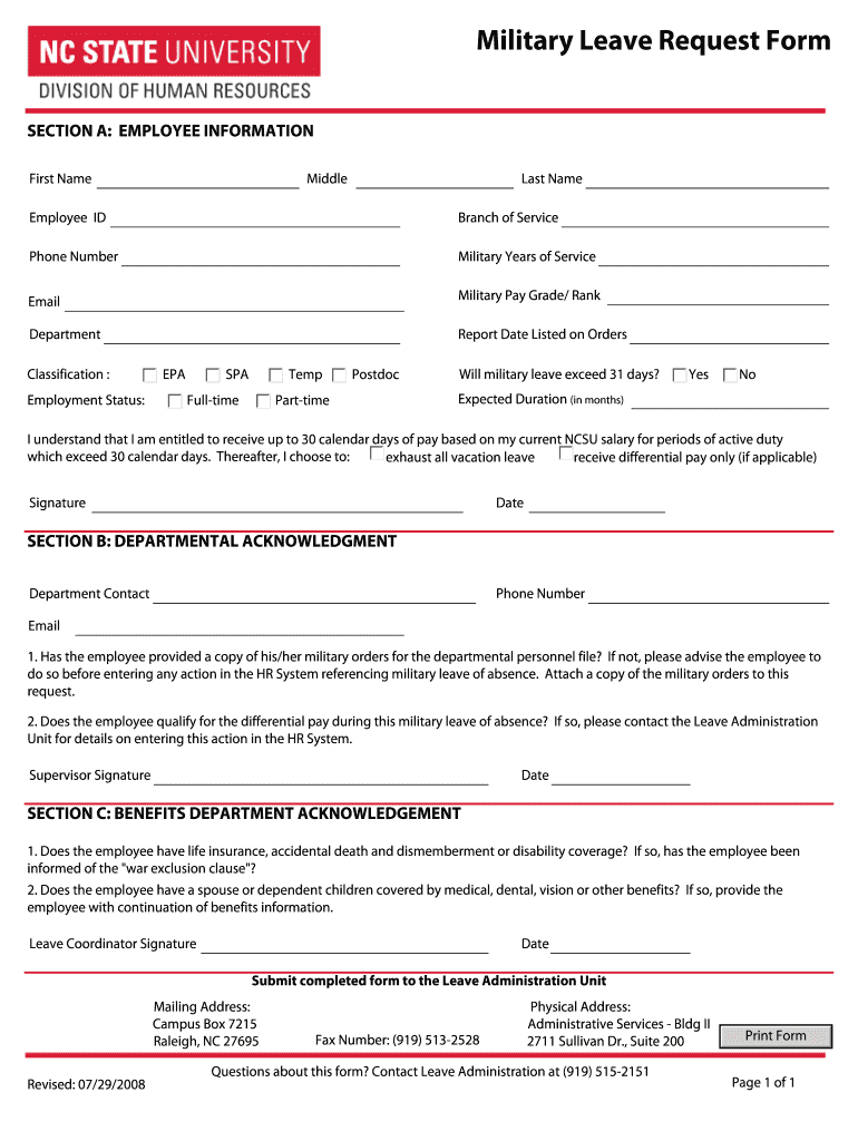 Military Leave Request Form NC State University