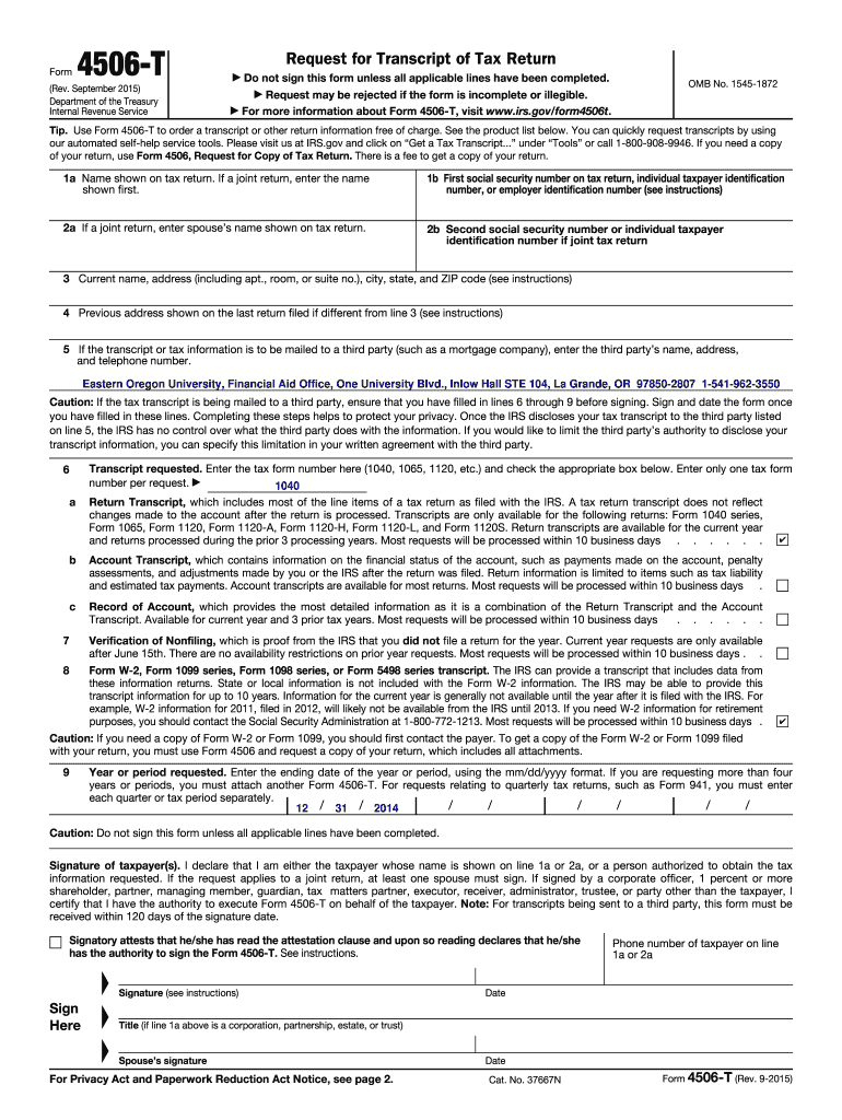 Form 4506 T Rev September Request for Transcript of Tax Return  Eou