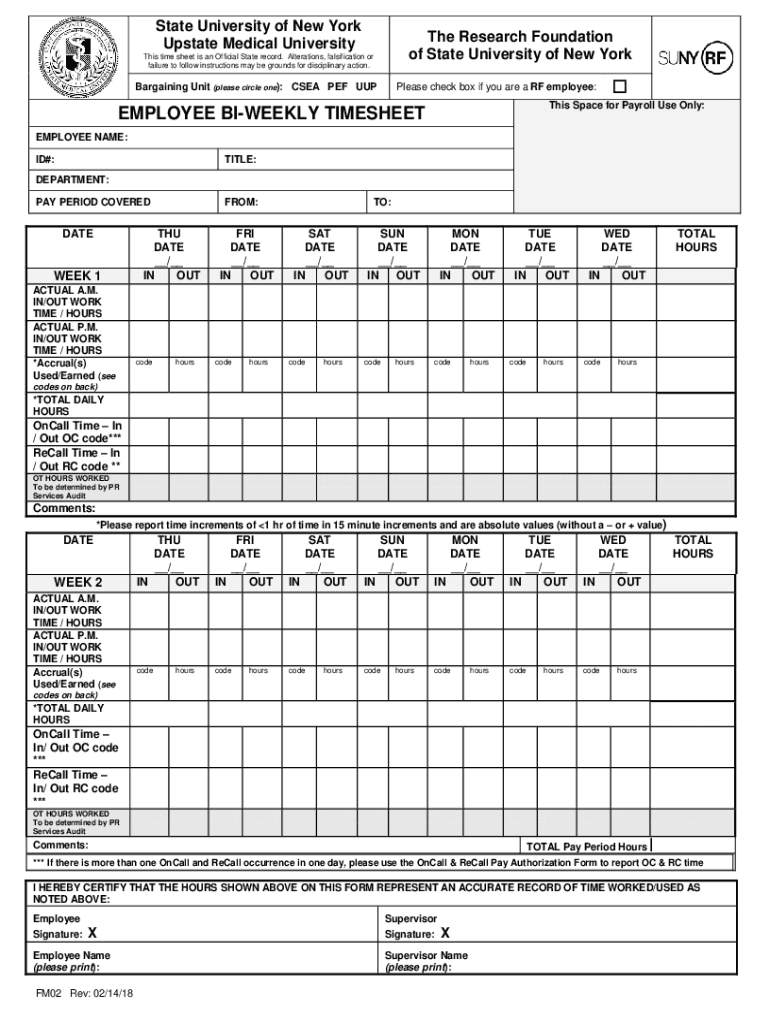  Please Circle One CSEA PEF UUP EMPLOYEE BI WEEKLY TIMESHEET 2018-2024