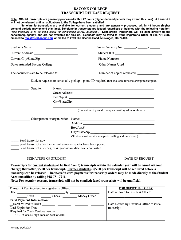  Bacone College Transcript Request 2015