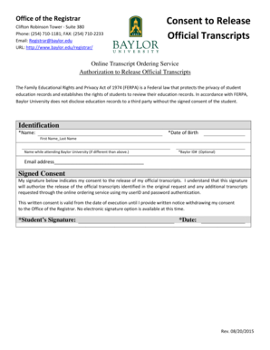 Consent to Release Official Transcripts Baylor University Baylor  Form
