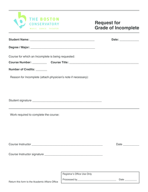 Request for Grade of Incomplete Boston Conservatory  Form