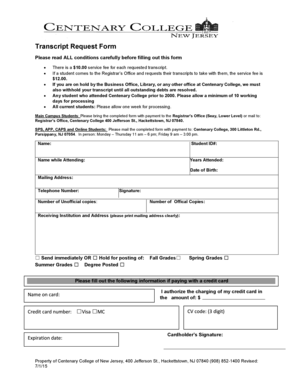 Centenary University Transcript Request  Form