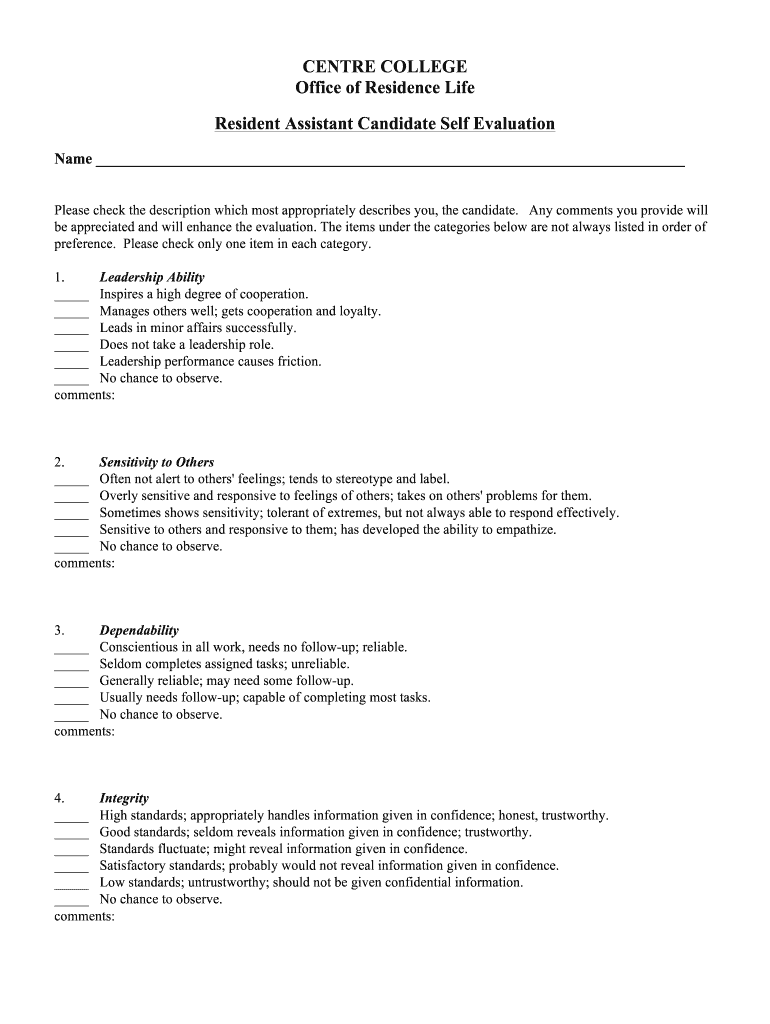 Residence Life Self Evaluation Centre College  Form