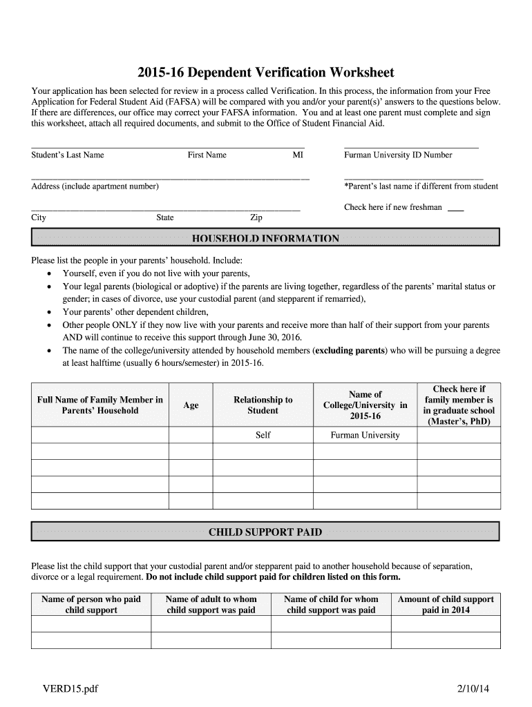  16 Dependent Verification Worksheet Furman University Furman 2015-2024