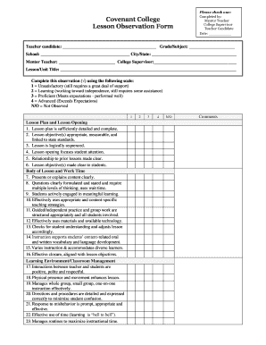 Please Check One Covenant College Lesson Observation Form