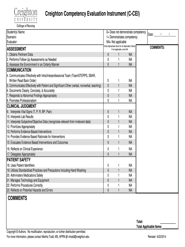 Creighton Competency Evaluation Instrument  Form