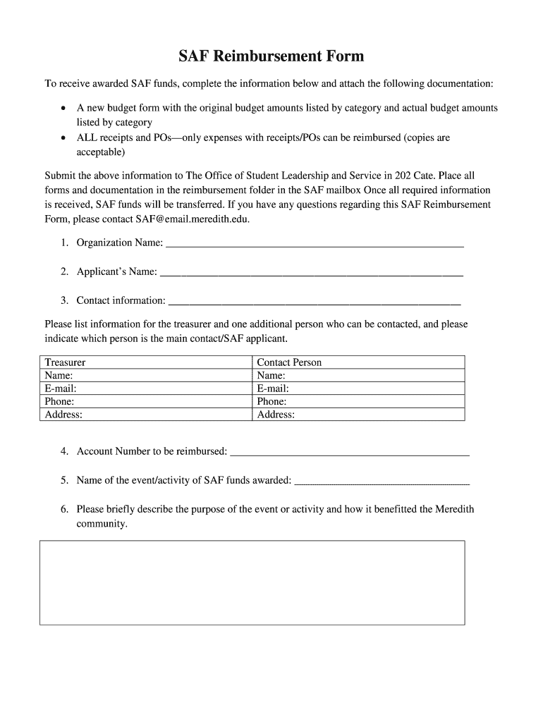 SAF Reimbursement Form  Meredith College  Meredith