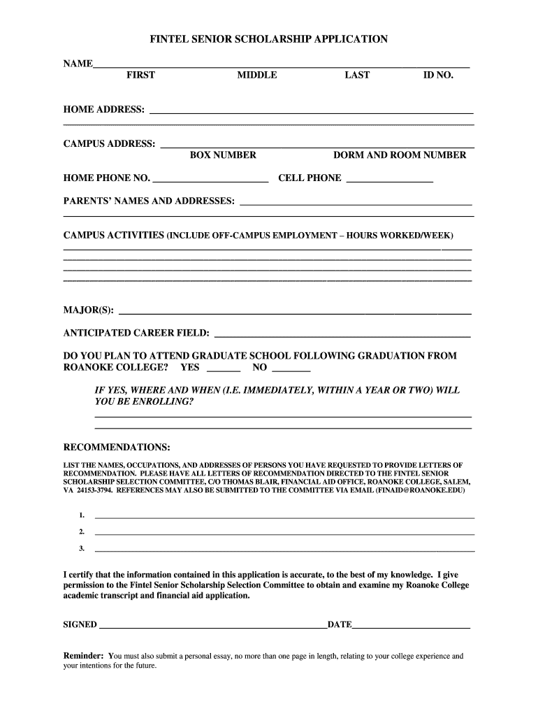 Get and Sign FINTEL SENIOR SCHOLARSHIP APPLICATION  Roanokeedu  Form