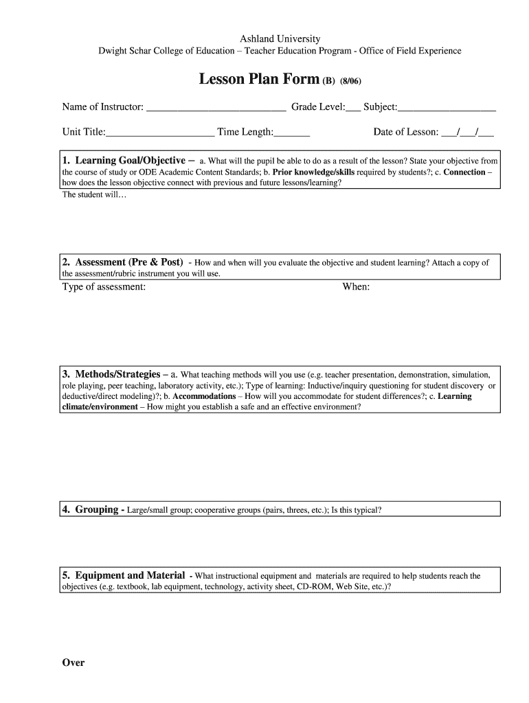 Ashland University Lesson Plan Template  Form