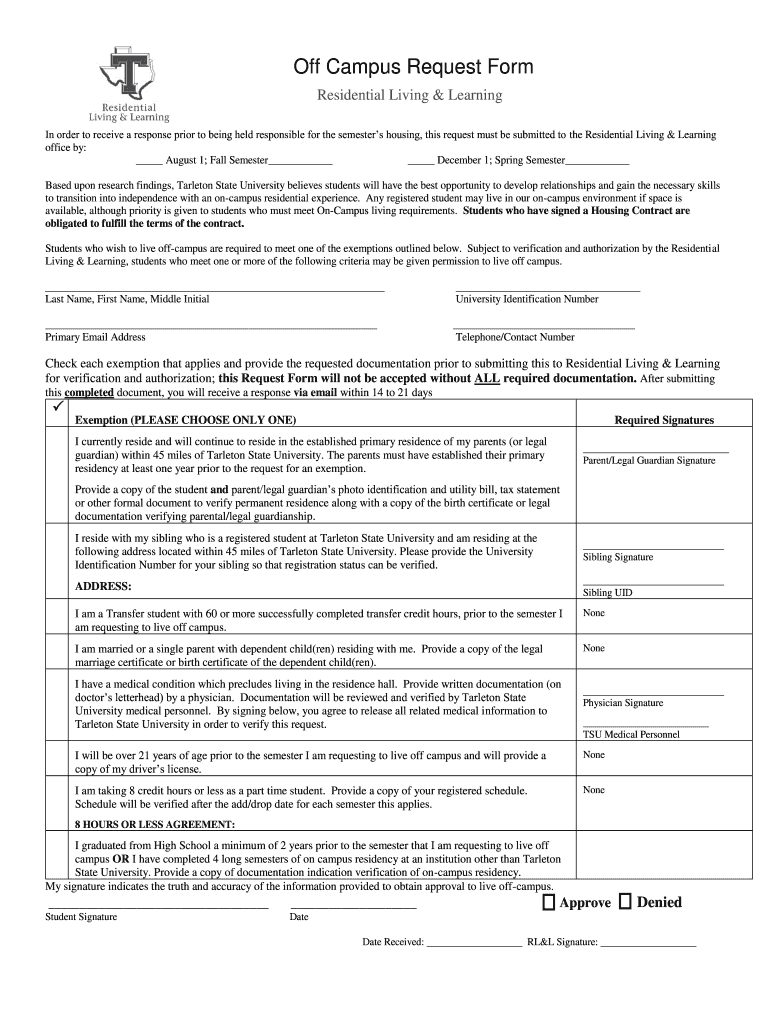 Tarleton off Campus Housing Request  Form