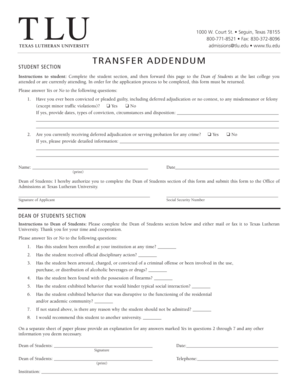 TR a N SFE R a D D E N D U M Texas Lutheran University Tlu  Form