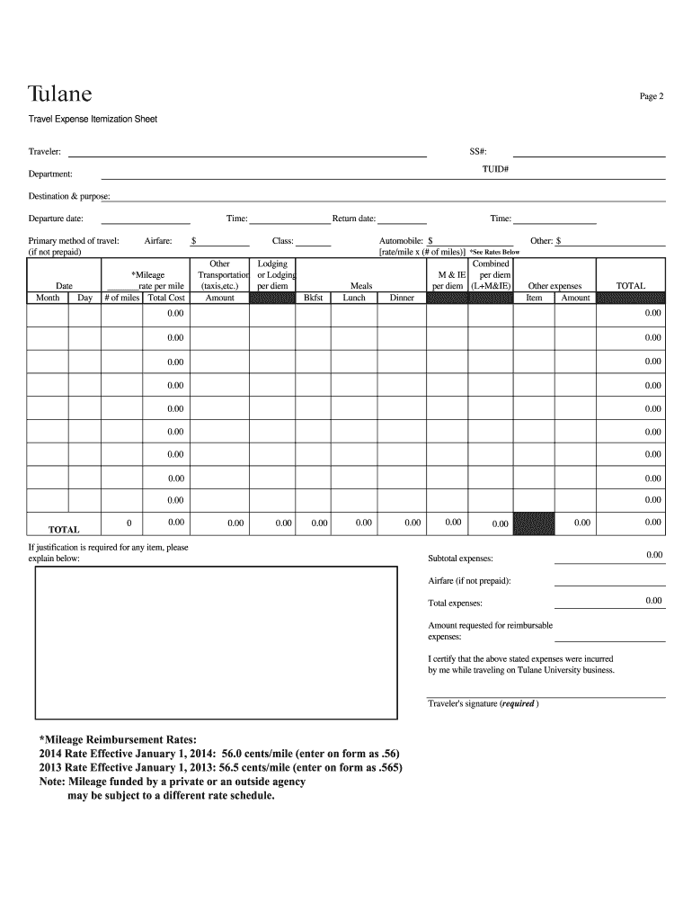  Travel Expense Itemization Sheet  Tulane University  Tulane 2014