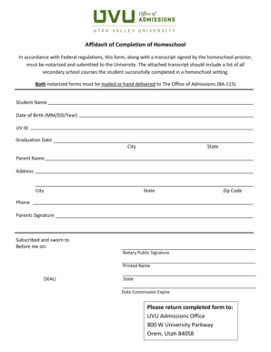 Affidavit of Completion of Homeschool Utah Valley University Uvu  Form