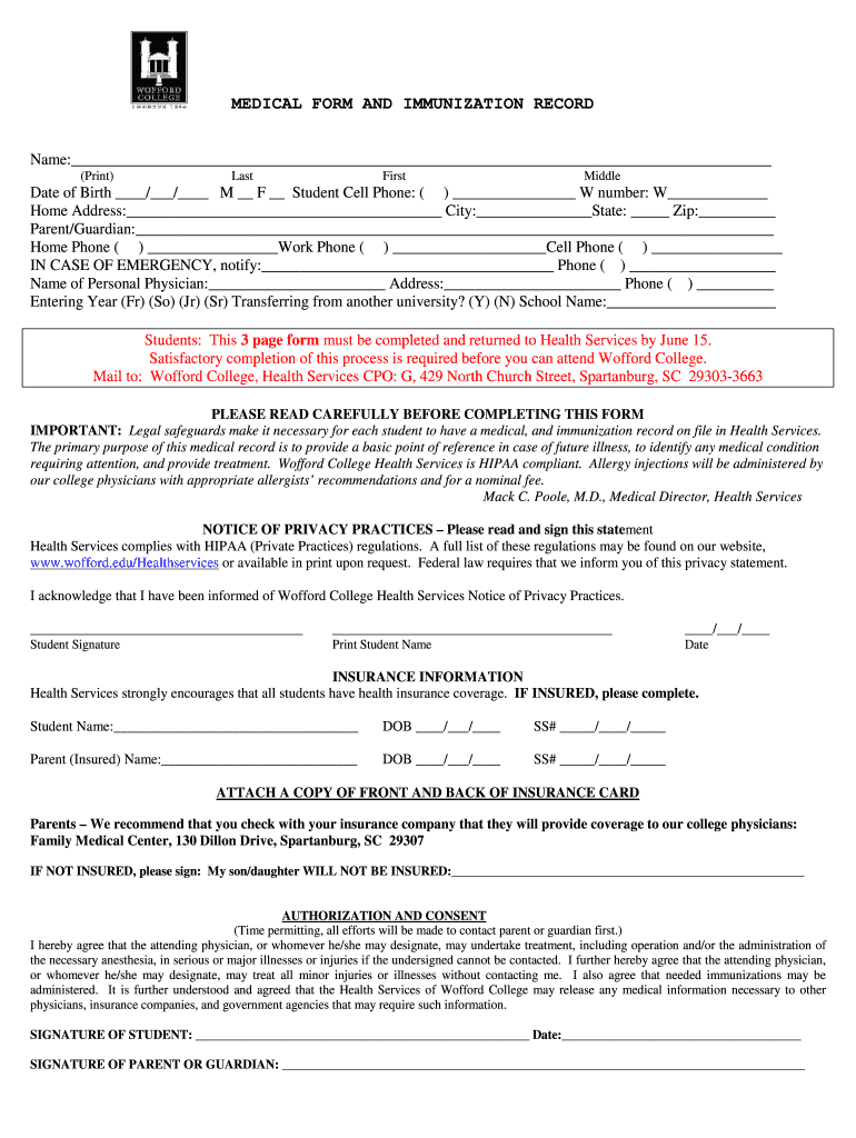 Wofford College Immunization Form