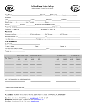 Indian River State College Swimming  Form