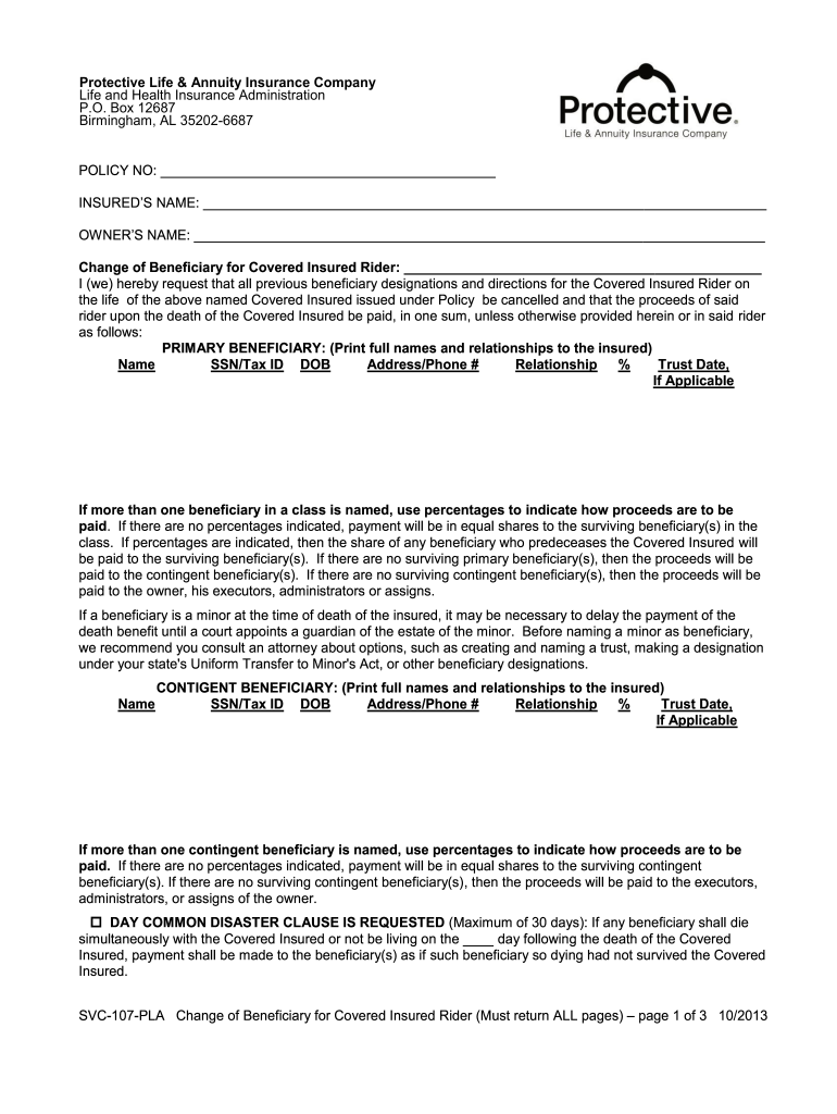  Protective Life Insurance Change of Beneficiary Form 2013-2024