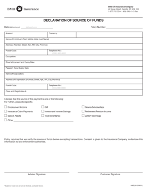 Declaration of Funds  Form