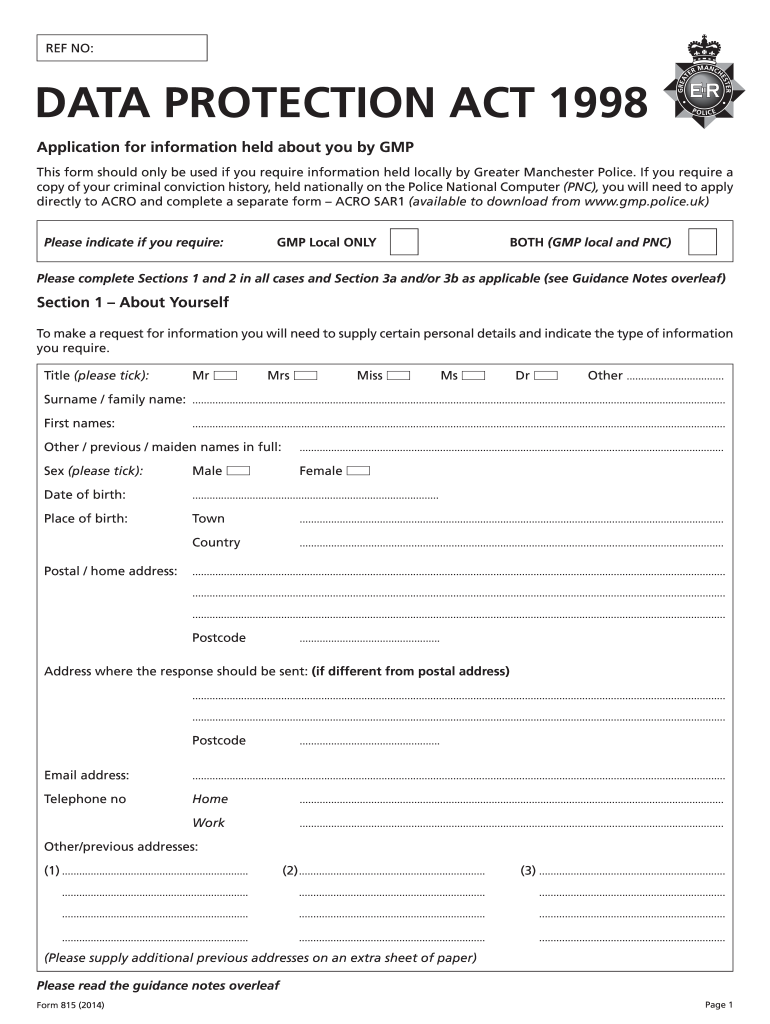  GMP Subject Access Form 815 B2014b Greater Manchester Police 2014-2024