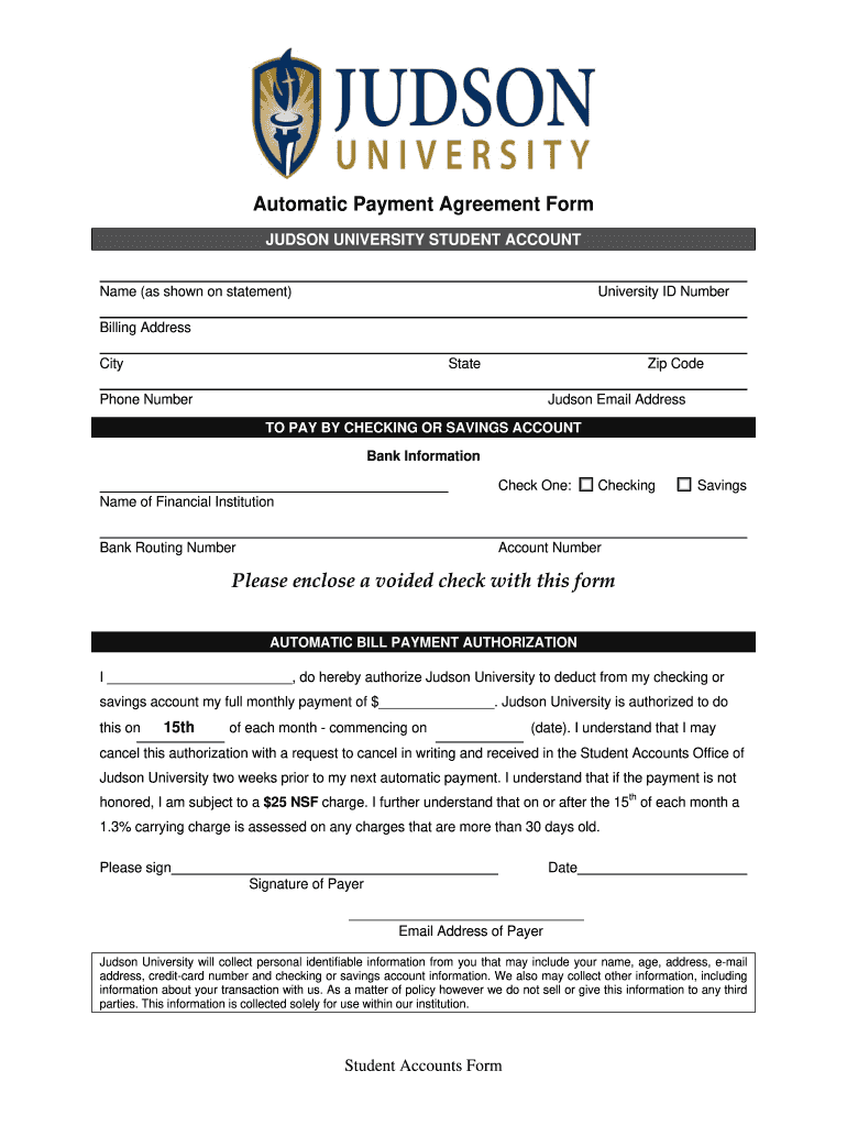 Automatic Payment Agreement Form Judson University