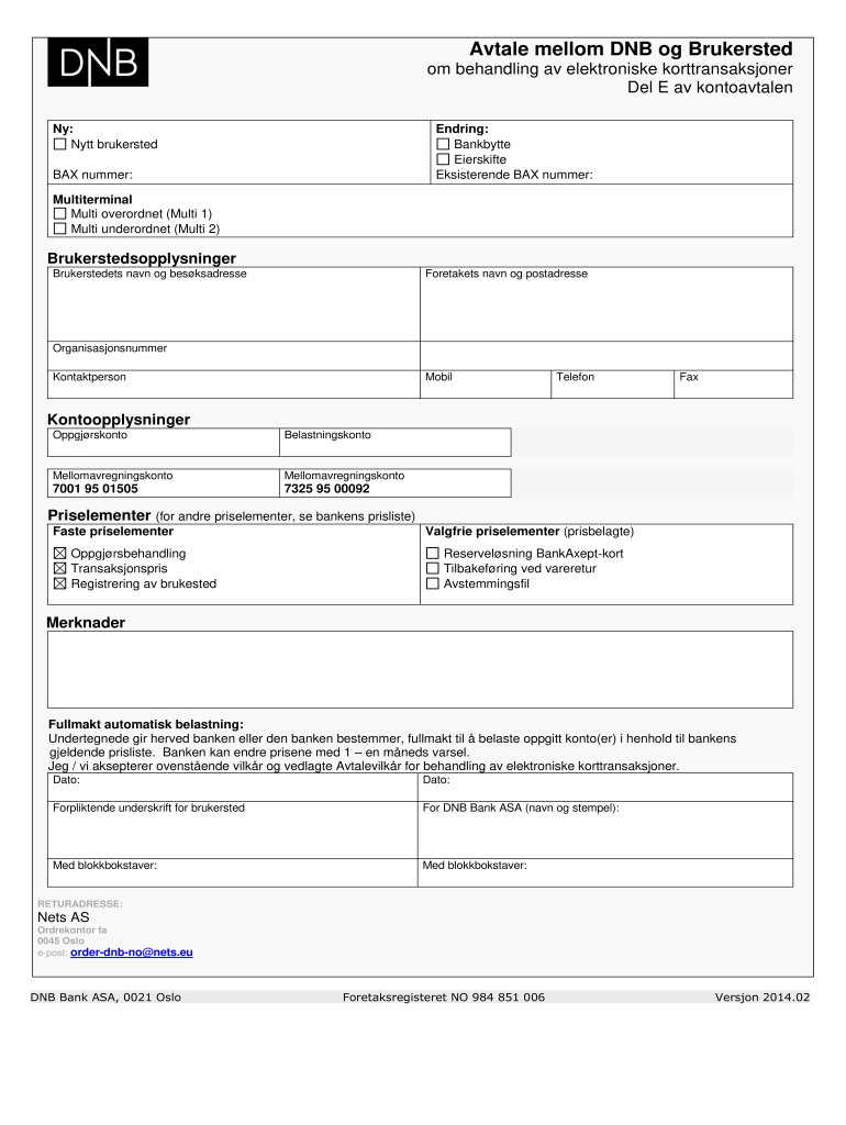  Avtale Mellom DNB Og Brukersted Elektroniske Korttranser Eftpos V201402 2014